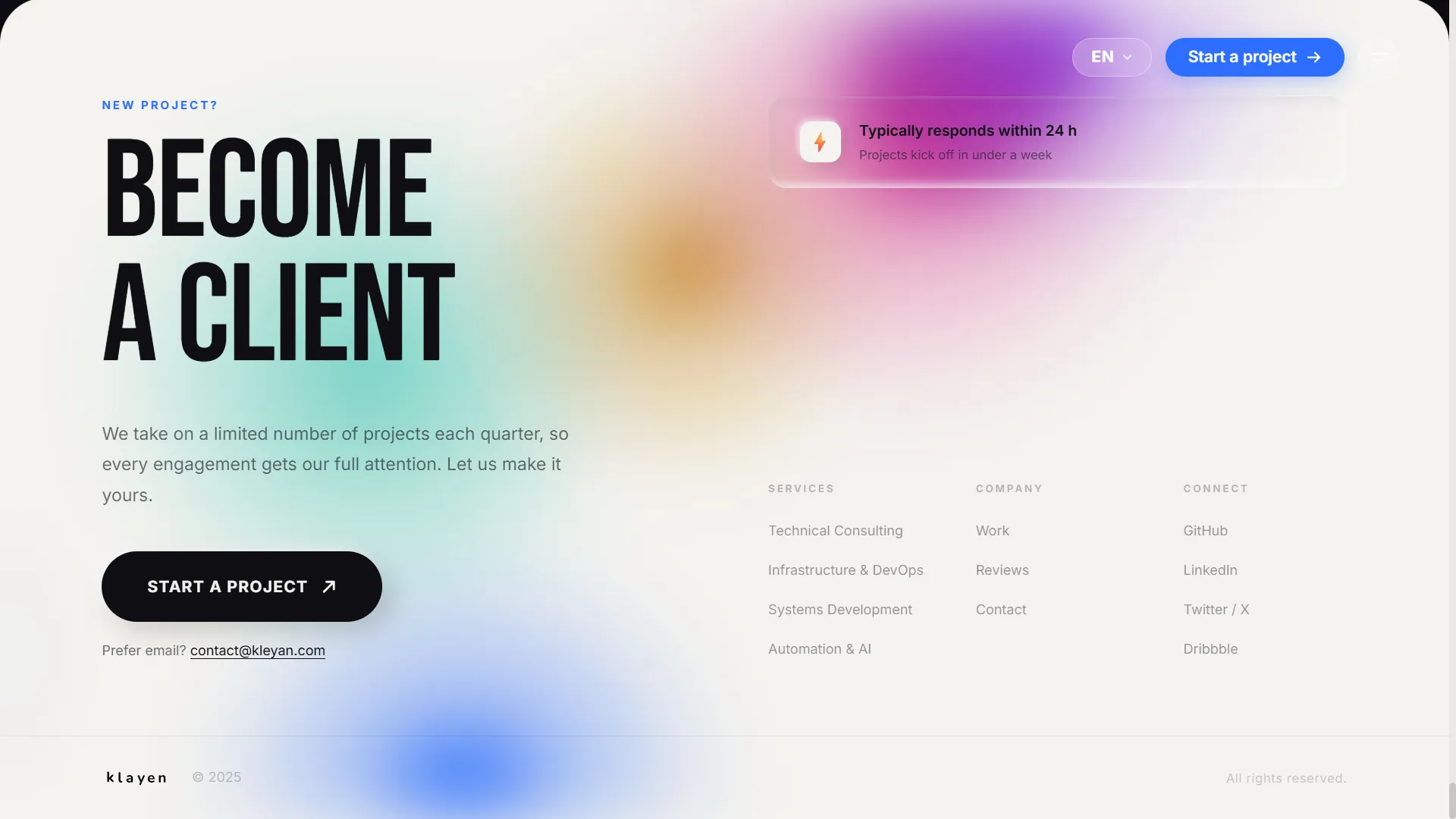 Footer section — dark contrast bookend closing the Kleyo system
